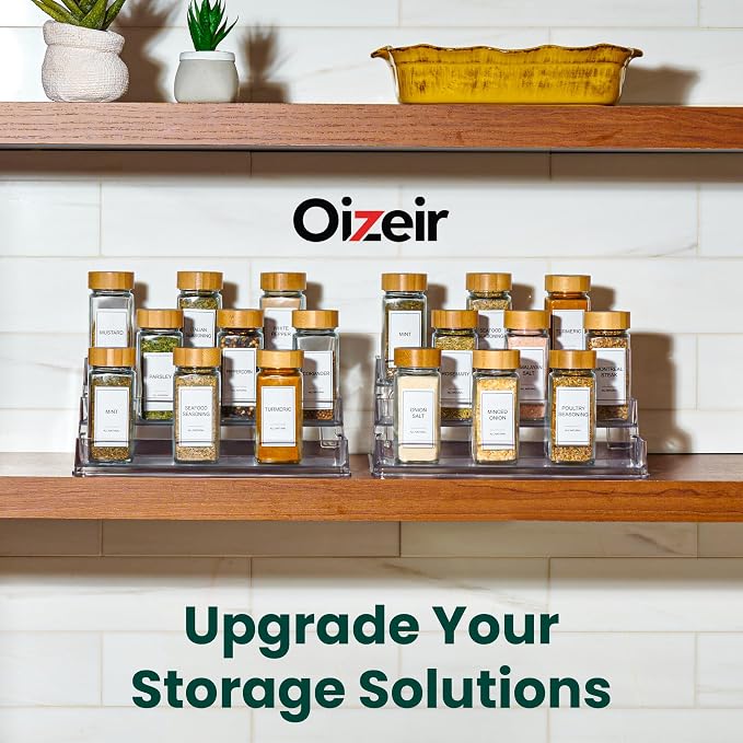 Oizeir Clear Spice Rack (2-Pack) - 3-Tier Acrylic Organizer for Cabinet - Deep Spice Shelf - 10.4 x 9.6 x 4 Inches - Holds Seasoning and Condiments