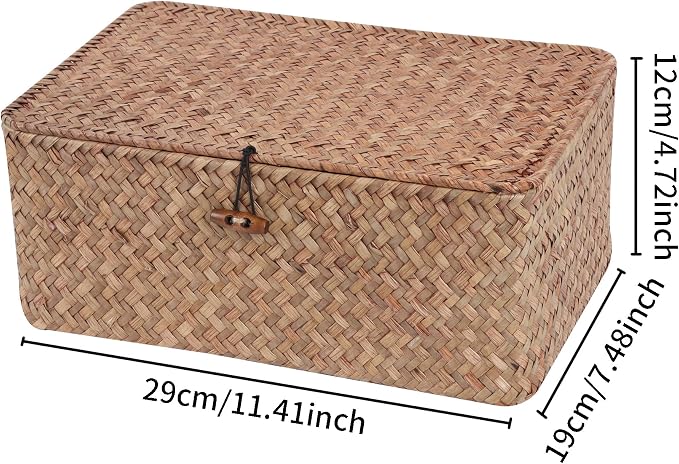 FEIALNDUO Wicker Shelf Baskets with Lid,Seagrass Storage Basket Bins Rectangular Handwoven Basket Boxes for Shelves Desktop Home Organizer (Coffee, Medium)