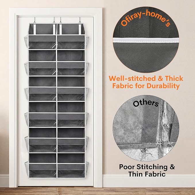 2 Pack Over The Door Organizer 6 Tiers, Extra Large Behind Door Storage of 12 Compartments, 80 lbs Weight Capacity Hanging Storage Organizer with Clear Window Kids Toys,Shoes (6 Tiers - Grey)