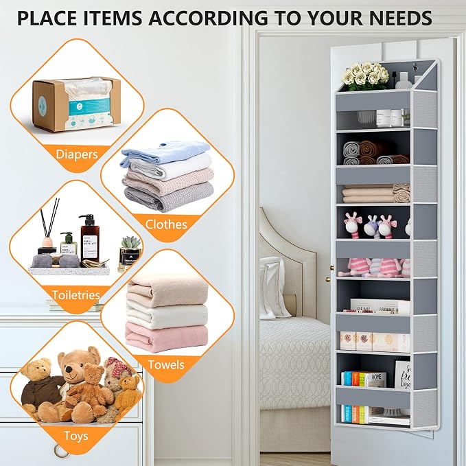 Over The Door Organizer - Over Door Storage Organizer with 5 Large Pockets & 10 Mesh Side Compartments - Heavy-Duty Hanging Storage for Bathroom, Bedroom & Closet - Baby Room Organize - Grey