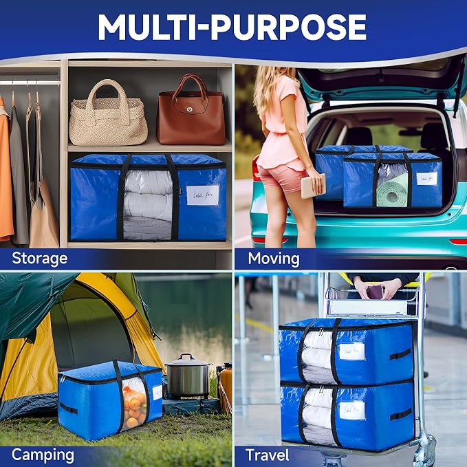 CONGREGATE 8-Pack Heavy Duty Moving Bags, Blue, 28.7"x13.7"x15" | Zippers and Handles, PE Material, Window Design, 97 Liters / 25.6 Gallons