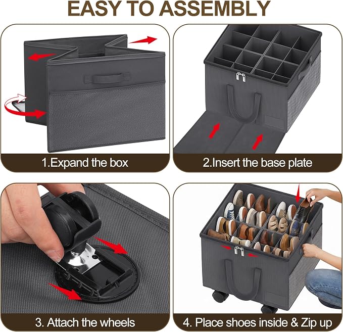 Large Shoe Organizer for Closet, 16 Pairs Shoe Storage Box with 360ยฐ Wheels & Reinforced Handles, Adjustable Dividers, Clear Cover, Side Pocket, Foldable Oxford Fabric Bin for Entryway, Grey