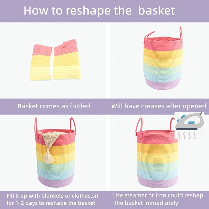 Woven Cotton Rope Laundry basket-16”X22” Laundry Hamper-Rope Storage Basket for Dirty Clothes, Toys and Blankets Perfect for Bathroom, Baby nursery and Living Room Storage (rainbow, Large)