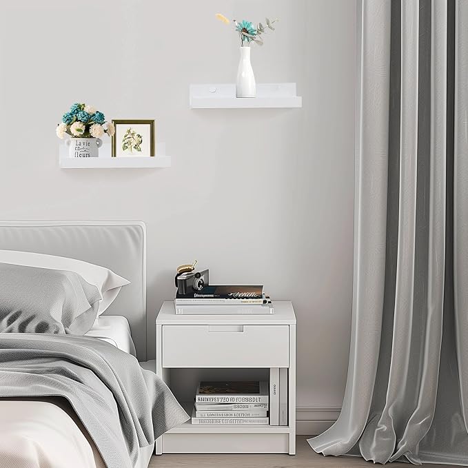 Muzilife 12" Small Floating Shelves Wood Wall Shelf with Lip, 4Pcs, White | FSC-Certified Wood | 20 lbs Capacity | Space-Saving | Hanging Shelf | Wall Decor| Bedroom,Living Room,Bathroom,Kitchen,Office