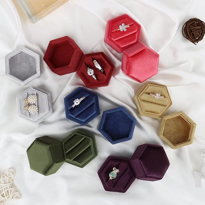 DesignSter Hexagon Velvet Ring Box - Premium Gorgeous Vintage Double Ring Display Holder with Detachable Lid for Proposal, Engagement, Wedding, Ceremony(Hot pink)