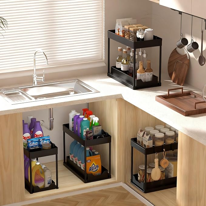 Under Sink Organizers 2 Pack, Pull-Out Sliding Cabinet Organizer with 2-Tier Storage Shelf & 4 Hooks, Multi-Purpose for Kitchen & Bathroom (13 Inch, Black)