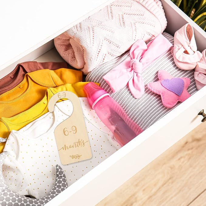 Whaline Wooden Baby Closet Size Dividers Set of 7 Wardrobe Hanger Organizer from Newborn to 24 Month Nursery Decor Dividers with Blue Velvet Bag Design for Home Nursery Infant Baby Clothes