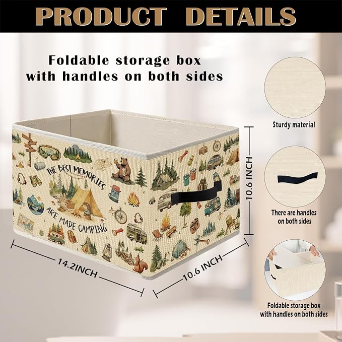 Camping Camper RV Storage Bin Box with Handles, Adventure Camping Campfire Foldable Organizer Basket Toybox for Teen Boys Room Classroom Playroom Bathroom Clothes Toys Books