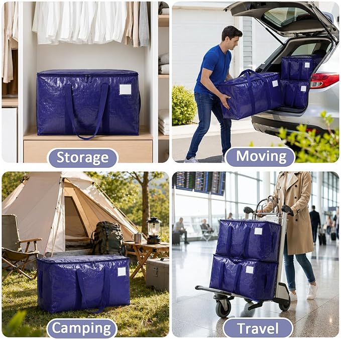 Songrey Heavy Duty Moving Bags, 8 Pack Large Storage Bags with Zipper & Handles, Waterproof Totes Bags for Clothes Packing, Moving, College Supplies, Home Organization
