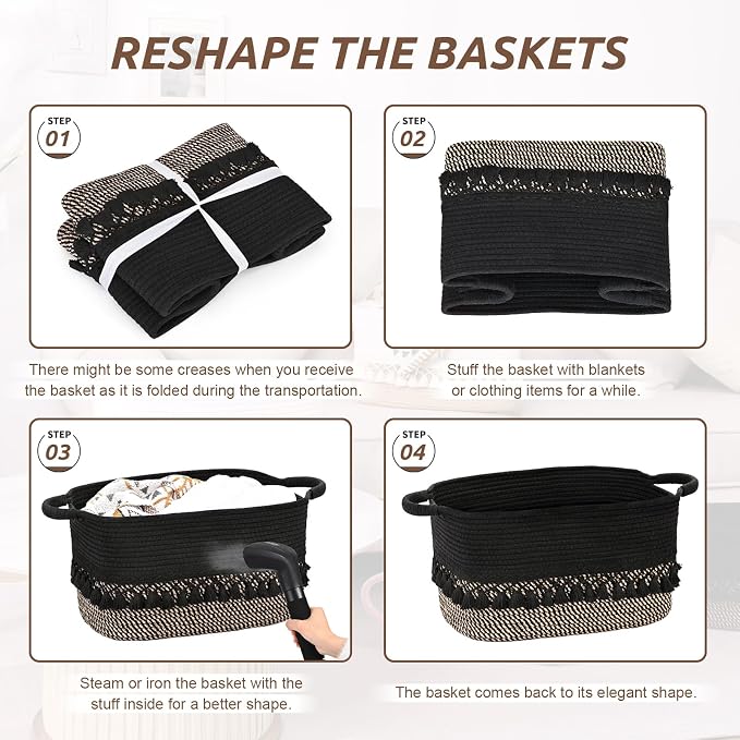 2 Pack Storage Basket for Shelves, Boho Cotton Rope Storage Bins with Heavy Tassel, Shelf Baskets Large Woven Baskets for Organizing, Cube Organizer Bins, Baby Laundry Basket for Clothes, Toys, Pets