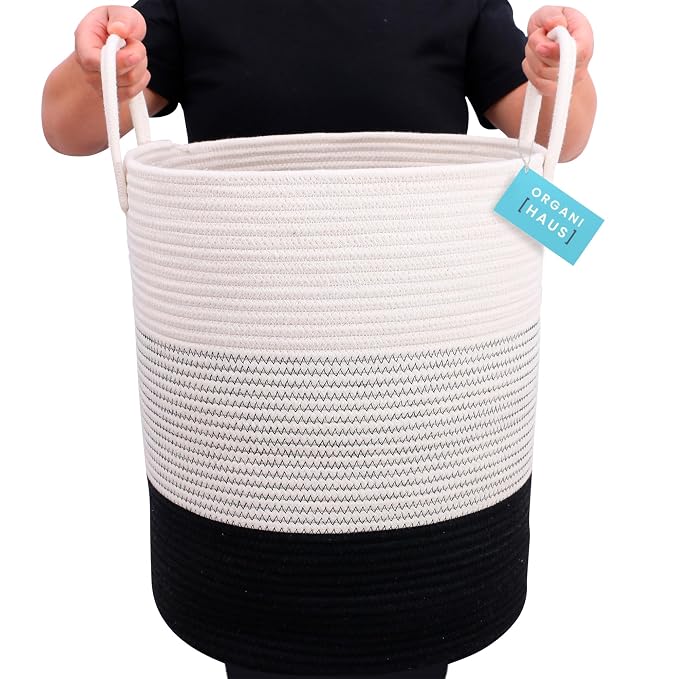OrganiHaus Tall Cotton Rope Laundry Basket & Hamper, Blanket Storage 52L | 3-Toned Black - Tall Cotton Rope Hamper, 52L