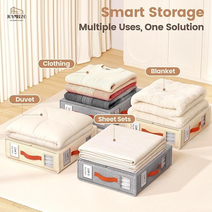 4 Pack Bed Sheet Organizers and Storage(King &Queen Size) with an Elastic Strap, Foldable Closet Linen Sheet Storage Container, Sheet Set Box for Blankets, Duvet Covers and Pillowcase, Grey