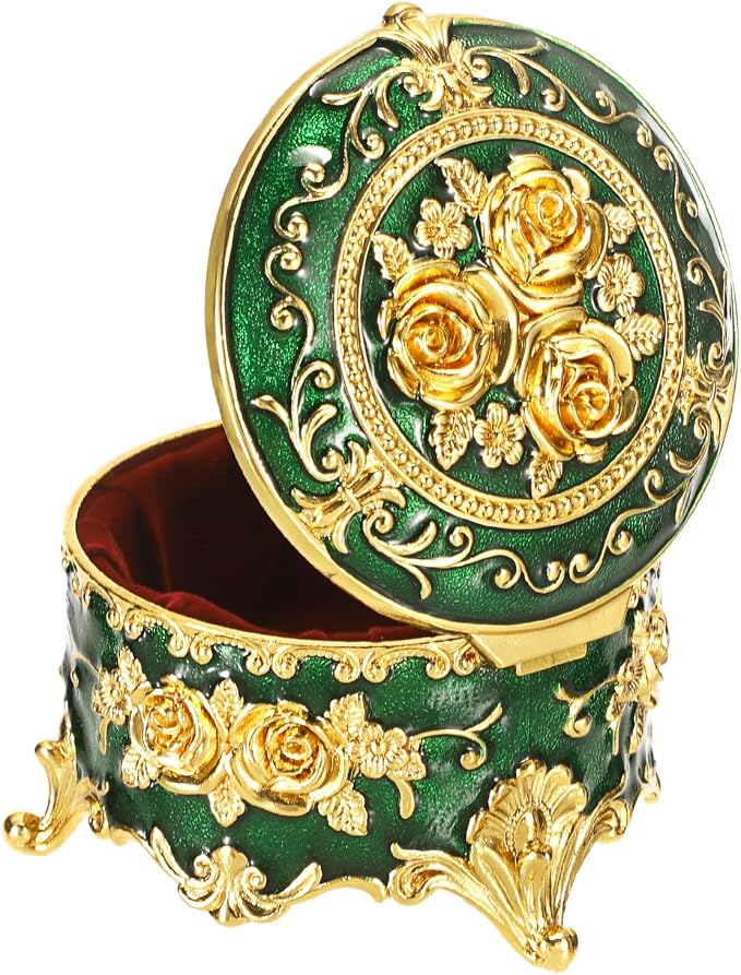 Hipiwe Vintage Jewelry Box Small Trinket Storage Organizer Box Gold Metal Chest Ring Case Treasure Chest Round Keepsake Boxes for Earrings Necklace Gift for Women,Green