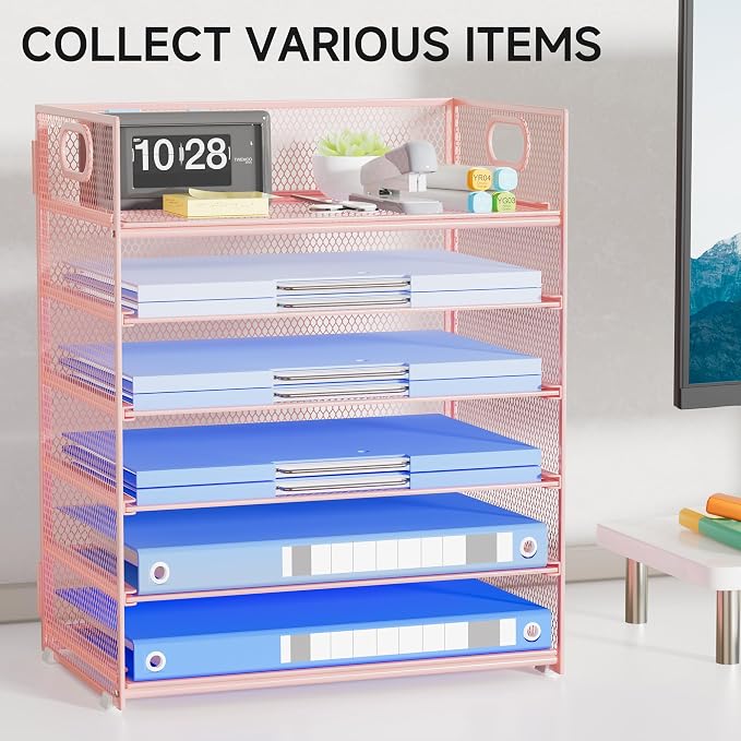 Pink Paper Organizer for Desk with Handle, 6-Tier Metal Mesh File Organizer | Stackable Desktop Organizer for Office Supplies & Stationery Storage