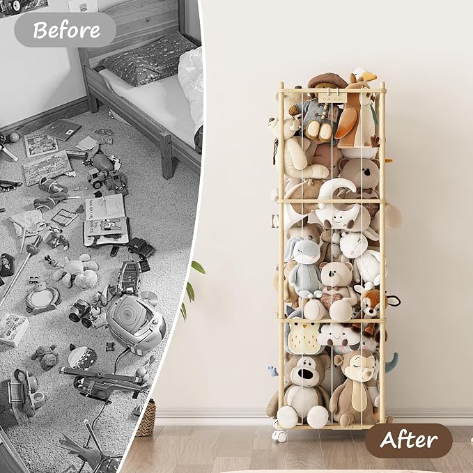 Stuffed Animal Storage Zoo with Wheels,Montessori-Inspired Solid Pine Wood Plush Toy Organizer,Extra Tall Stuffed Animal Holder with Thick Elastic Cords for Nursery,Kids Room and Bedroom,Extra Large