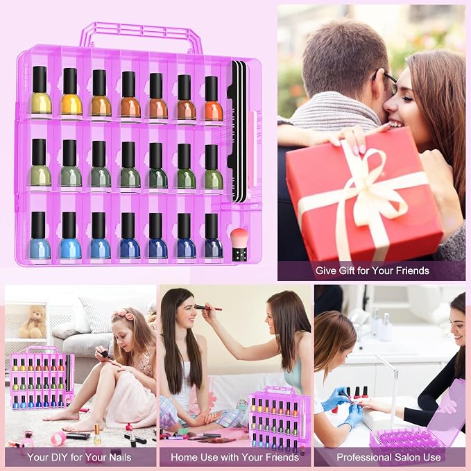 SUBAY 2 Pcs Portable Nail Polish Organizer, Clear Double Side Nail Polish Holder,Gel Nail Storage for 48 Bottles with 6 Adjustable Dividers in Each Side Space Saver Pink
