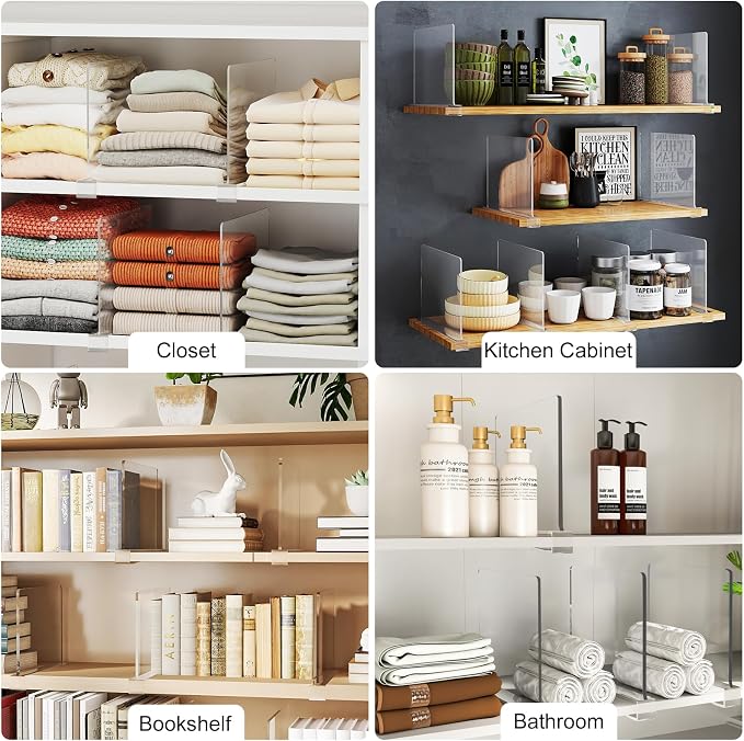 Purse Organizer for Closet Shelf Dividers: 12-Pack Adjustable Clear Acrylic Bag Storage Organizer for Handbags, Sweaters, Towels, Jeans and Shoes on Wood Shelves