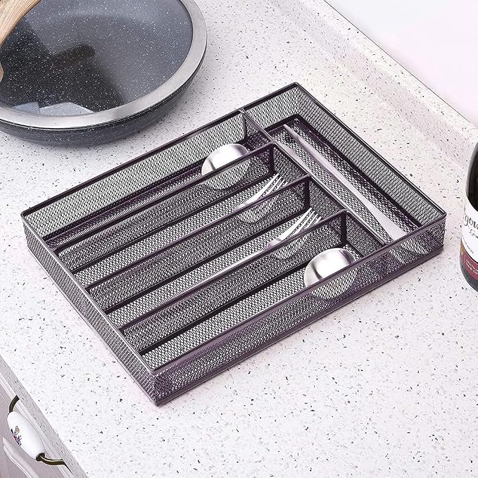 COSWE Silverware Tray for Drawer, Silverware Organizer, Metal Drawer Organizer Kitchen Utensils with Foam Feet Multi Compartments Cutlery Organizer in Drawer