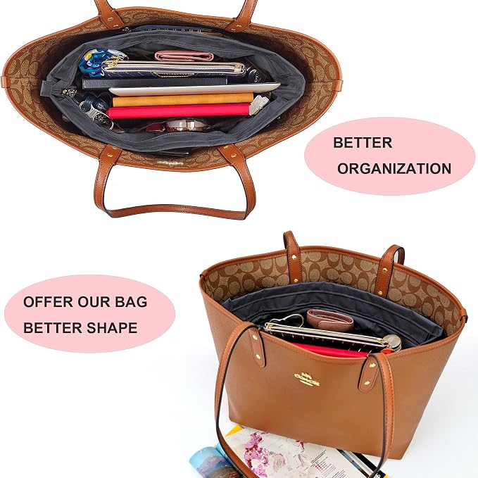 Handbag Tote Purse Organizer Insert, Medium, Dark Grey | Bag Divider Liner Shaper Separator in Bag with Zipper, 11 Pockets Compartments