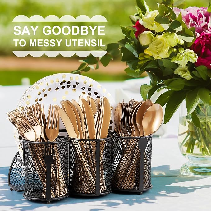 DTICON Utensil Organizer Silverware Caddy - Utensil Holder for Party Metal Cutlery Organizer Silverware Storage for Picnic Camping Buffet Kitchen Table (Black)