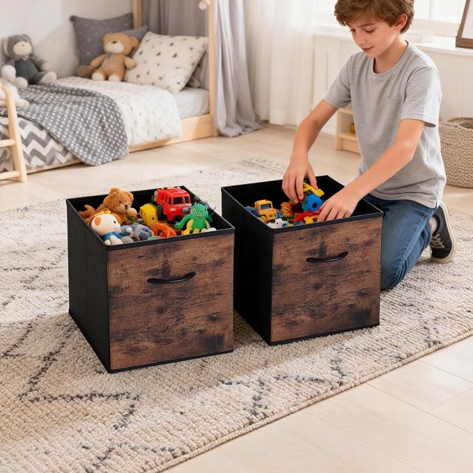 WUIKE 13-Inch Rust Brown Cube Storage Bins, Wood Print Front, 4-Pack | Cubby Organizer Baskets with Handles for Shelves, Closets, Clothes, and Toys