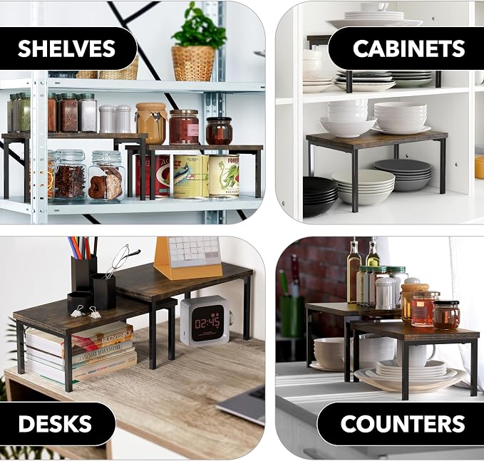 Simple Houseware Stackable Cabinet Counter Shelf Wooden Top, Rustic Brown | Expandable Organizer 7.6" D x 11.75" W x 6.1" H