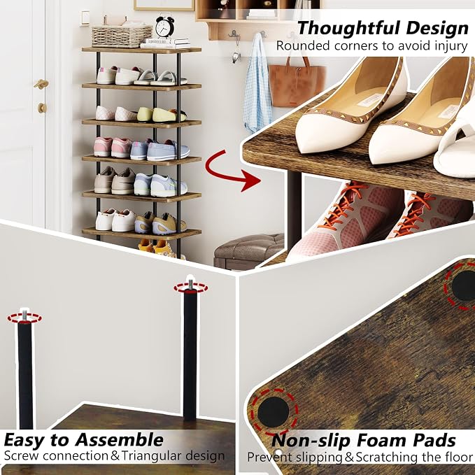 AZERPIAN Shoe Rack 7 Tier Vertical Storage Organizer Double Row Narrow Metal Slim Shelf Modern Free Standing Shoe Tower Saving Space for Closet Entryway Bedroom,Black+Rustic Brown