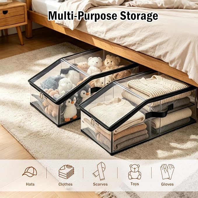 Foldable Clear Baseball Cap Storage Organizer – Stackable Transparent Hat Display Case with Zipper Closure 2 Pack– Space-Saving Protective Unit for Baseball Caps & Accessories Black Trim