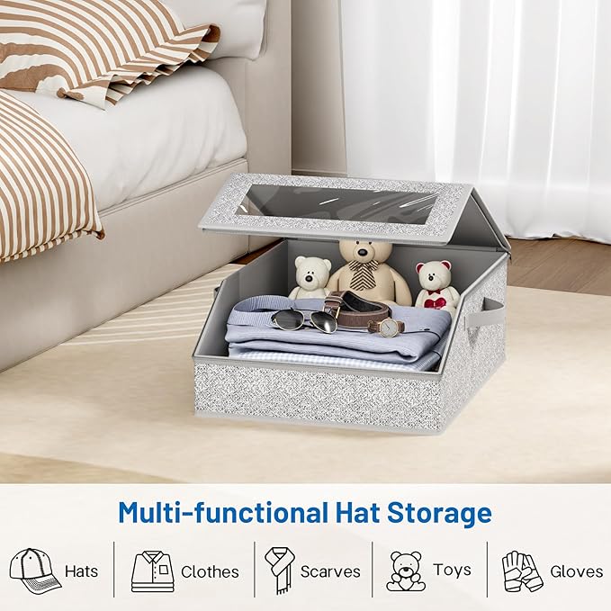 AOODA Sturdy Hat Storage for Baseball Caps, Holds up to 24 Caps Clear Hat Organizer for Closet, Bedroom, Wide Hat Box with Cardboard (Grey)
