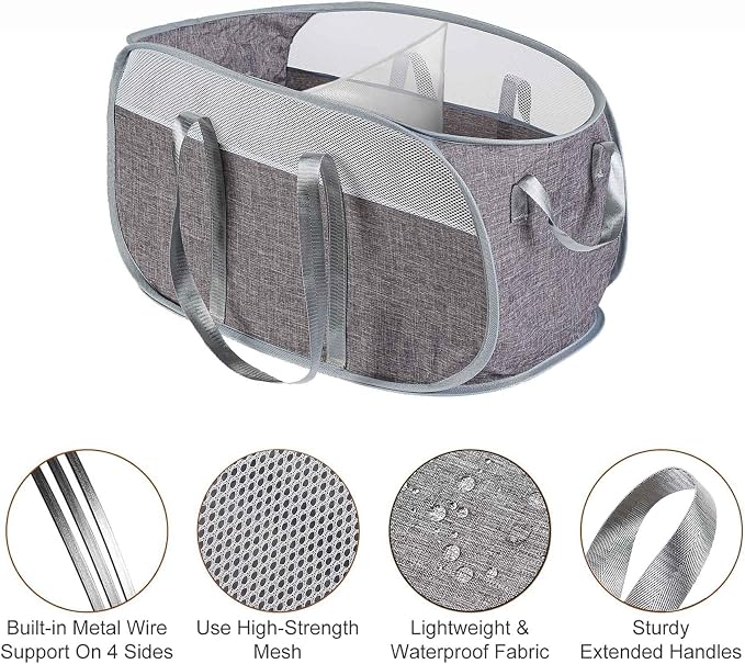 Collapsible Laundry Baskets, 2 Compartment Pop Up Mesh Hamper Foldable 75L Large Capacity Dirty Cloths Basket, Lightweight Foldable Laundry Basket for LaundryRoom, Bathroom or Travel (Grey)