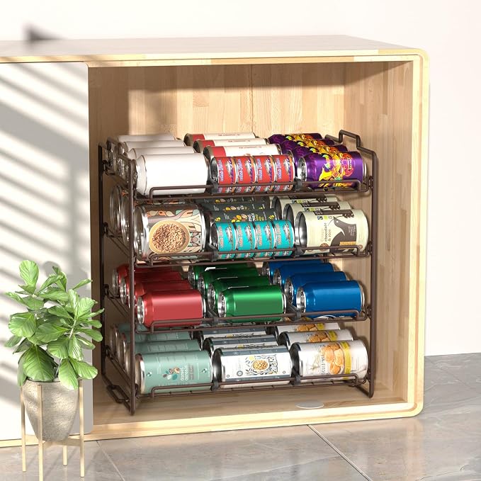 4 Tiers Stackable Can Rack Organizer, Wear-resistant Upgrade Beverage Food Can Dispenser Holder Holds up to 48 Cans for Kitchen Cabinet and Pantry (Brown)