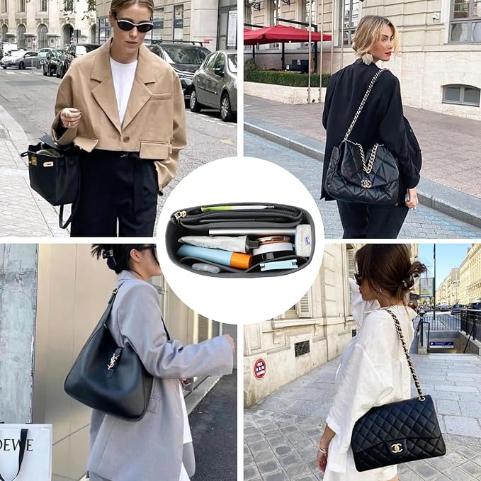 Surblue Purse Organizer Insert for Handbags, Felt Bag Organizer with Zippers Handbag Shaper Pouch for Classic 19 Flap Bag, Marmont, Onthego,(Grey, Slender S)