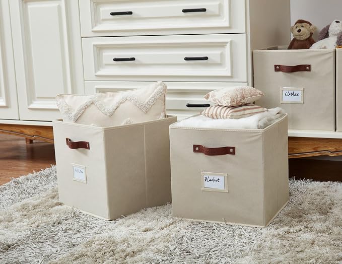 DECOMOMO Storage Bins, Cube Storage Bin with Labels | 10.5" x 11" Fabric Storage Cubes for Shelves (2pcs, Beige)