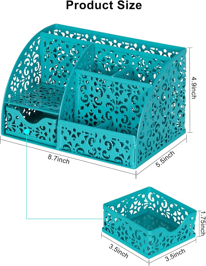 EasyPAG Desk Organizer and Pen Holder for Desk, Mesh Office Supplies Storage Caddy with Drawer for Small Space, Desktop Organizer for Home Office, Dark Teal