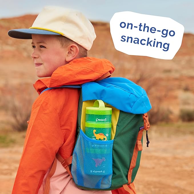 Whiskware Dinosaur Stackable Snack Containers for Kids and Toddlers, 3 Stackable Snack Cups for School and Travel, Green/Blue