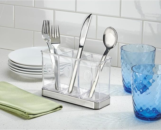 iDesign Forma Utensil, Spatula, Silverware Holder for Kitchen Countertop Storage, Organize Forks, Knives, Spoons, 3 Compartments, Sink Stopper
