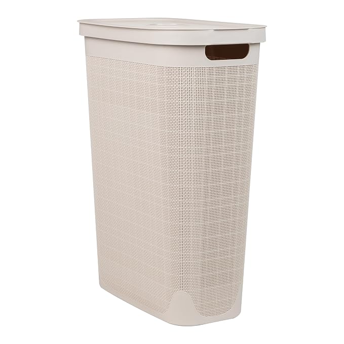 Mind Reader Slim Laundry Hamper with Lid, 40L Clothes Basket, Linen Design, Plastic, Ivory