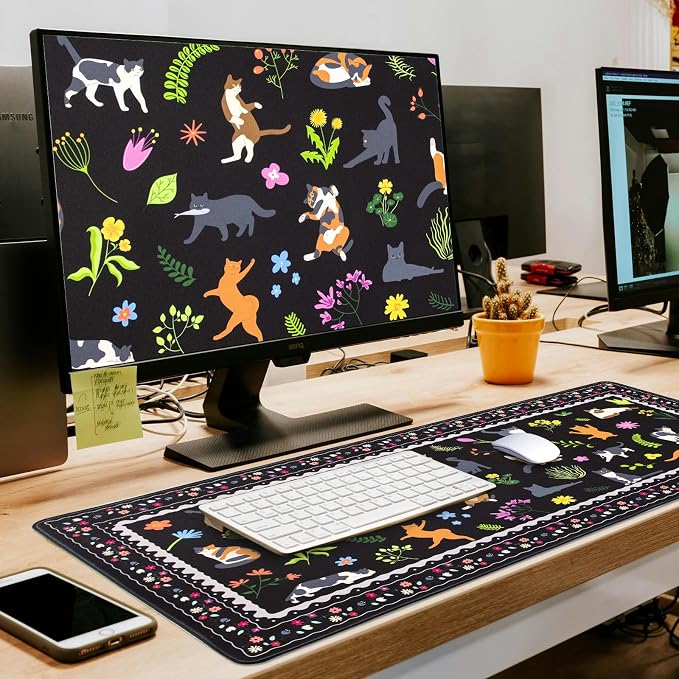 L-SPOUTTO Cute Cat Desk Mat for Keyboard and Mouse,XXL Large Mouse Pad Non-Slip Keyboard Pad Waterproof Desktop Mat for Laptop Computer Work Game Home Office-Cats Black