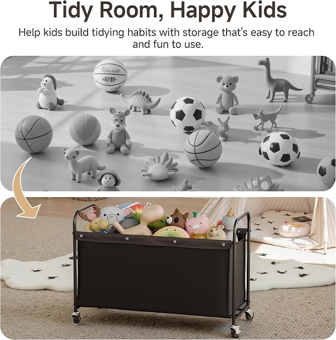 StorageWorks Toy Box with Wheels for Kids, 135L Large Toy Storage Chest and Organizer, 23" Metal Toybox with 360° Swivel Wheels for Bedroom, Kids Room, Stuffed Animal Storage, Black