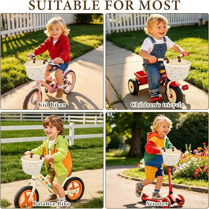 Kids Bike Basket for Girls, Front Bicycle Basket, Easy-Install Adjustable Straps for Balance Bikes Scooters