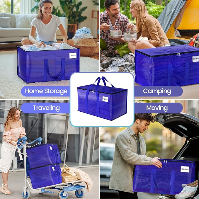 FabSpace Moving Storage Bags, Moving Supplies Packing Boxes for Moving, Camping, College Dorm Room Essentials for Girls, Blue Tote Bags, Heavy-Duty Storage Bins With Lids And Zippers, 125L 4 Pack