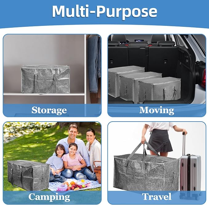 4 Pack-Extra Large Heavy Duty Moving Bags - Waterproof Storage Totes with Handles & Zippers, Foldable for College Dorm, Storage (Gray)