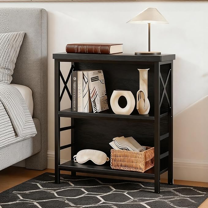 MNEETRUNG Book Shelf, Small 3-Tier Industrial Bookshelf with Strong Metal Frame & Backboard, 29.5" Short Bookcase for Small Spaces, Living Room, Bedroom and Home Office, Black