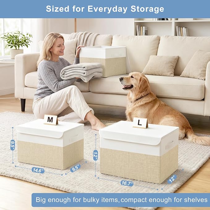 Bagnizer Large 22 Quart Linen Fabric Foldable Storage Bin Cube Organizer Basket with Flip-Top Lid & Handles, Clothes Blanket Box for Home, Office, Closet, Beige & White, 4 Pack 14.6 x 9.5 x 9.5”