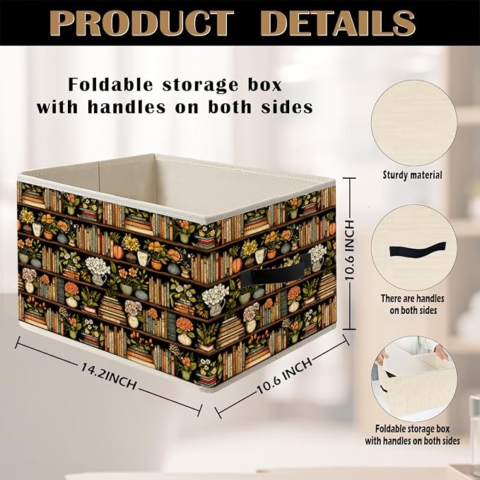 Bookshelf Book Lover Storage Bin Box with Handles, Vintage Botanical Bookish Foldable Organizer Basket Toybox for Reading Room Library Home Clothes Books