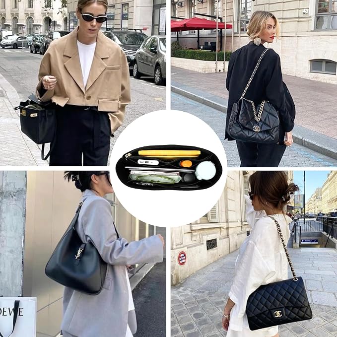 Surblue Purse Organizer Insert for Handbags, Felt Bag Organizer with Zippers Handbag Shaper Pouch for Classic 19 Flap Bag, Marmont, Onthego,(Black, Slender L)