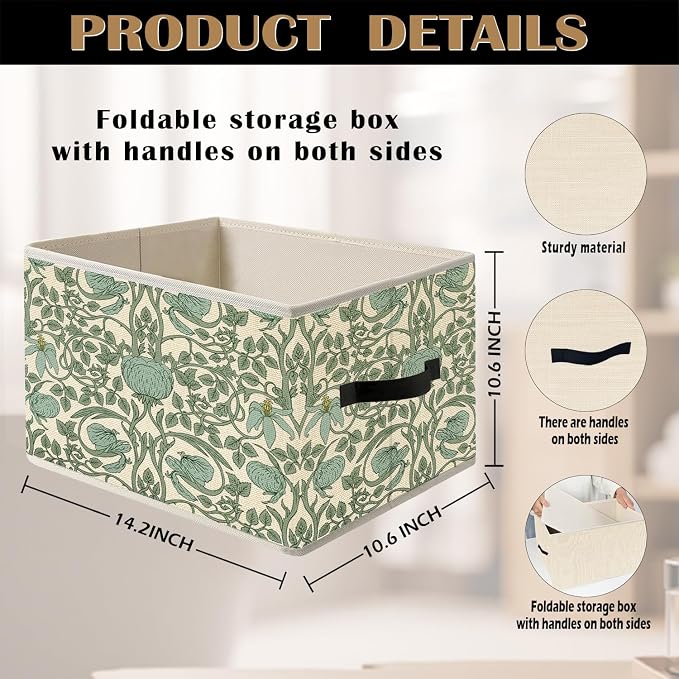 William Morris Inspired Vintage Pastel Green Floral Botanical Storage Bin Box with Handles,Green Vine Flowers Foldable Organizer Basket Toybox for Girls Room Bedroom Bathroom Clothes Toys Books