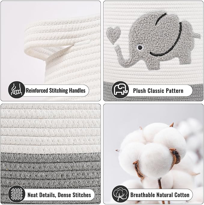 Large Baby Laundry Hamper, Gray Elephant Laundry Basket for Baby, Toy and Blanket Storage Basket for Nursery and Playroom, Cotton Rope Hamper for Kids, 17.7"x15.7"