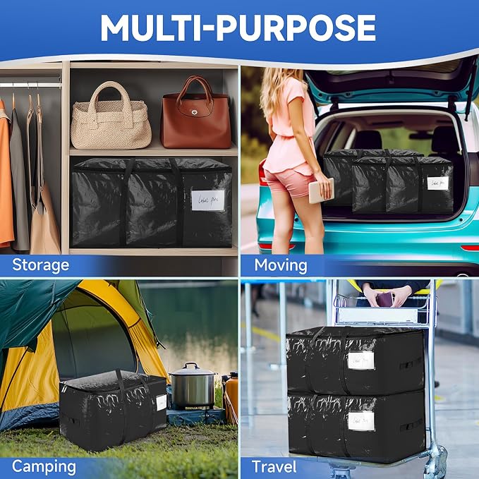 CONGREGATE 8-Pack Heavy Duty Black Moving Bags with Zippers and Handles, Heavy Duty Storage Handbags for Space Saving, Made of PE, 97 Liters/25.6 Gallons (28.7 Inch x 13.7 Inch x 15 Inch)