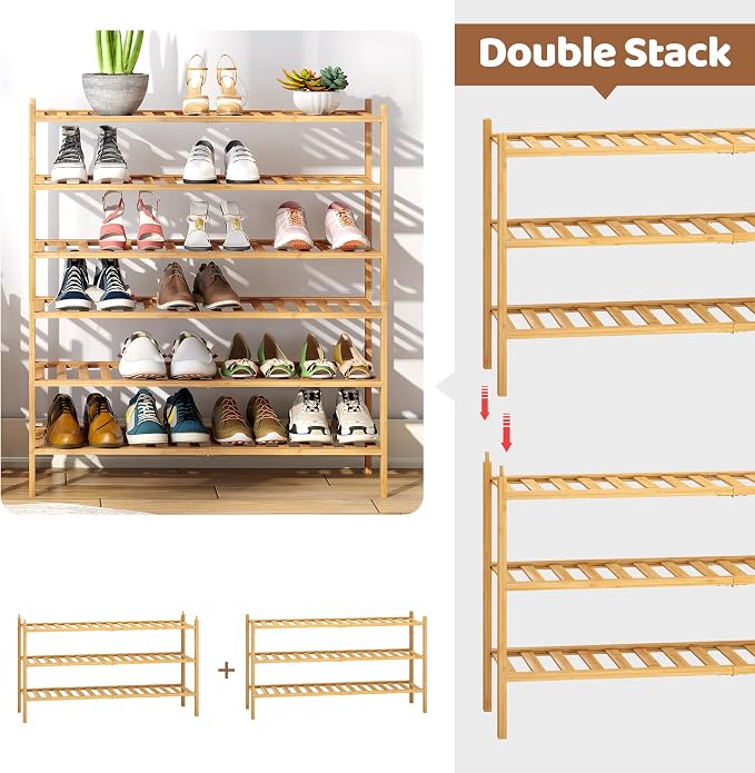 Bamboo Shoe Rack Stackable Shoe Shelf Storage Organizer for Unit Entryway Hallway and Closet Sturdy Freestanding Shoe Shelf(3L Tier Natural)